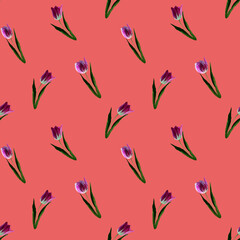 Gouache floral tulip backgraund. Seamless colorful spring pattern. Painted violet tulip plant on coral background. Purple blossom