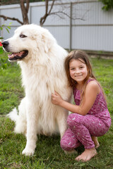 a sweet smiling girl of seven with her friend a Maremma dog on a green lawn