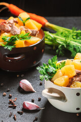 stewed potato, baked with meat, pork and parsley in a deep plate next to a spice numerically carrot...