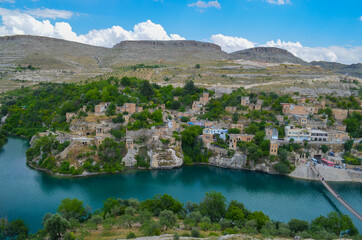 Sanliurfa, Halfeti, blue lake and green trees, hidden paradise, old houses
