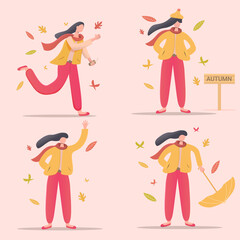 set of women's daily activities in autumn, happy autumn holidays, illustration flat design