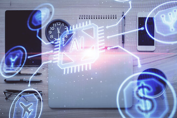 Multi exposure of technology theme drawing over work table desktop. Top view. Global data analysis concept.