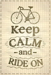 Keep calm and ride on - motivational quote card with chekered paper on a backdrop