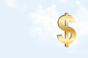 Gold Dollar sign on sky cloudy background with copy space