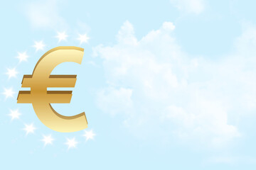 Gold Euro sign on sky cloudy background with copy space