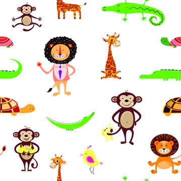 abstract illustration. seamless pattern with crocodile, lion, monkey and giraffe