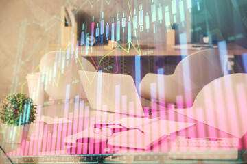 Multi exposure of stock market chart drawing and office interior background. Concept of financial analysis.