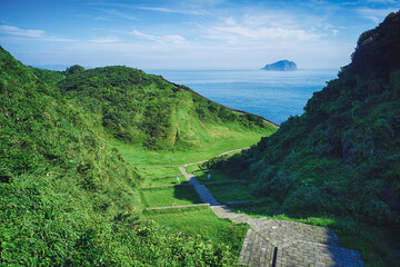 Hope Valley and Keelung Islet from Badouzi Coastal Park in Zhongzheng District, Keelung, Taiwan.