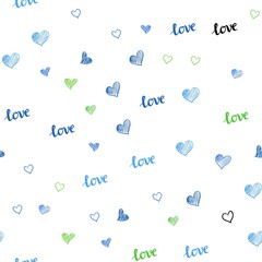 Light Blue, Green vector seamless template with text LOVE YOU, hearts. Romantic illustration with colorful phrase LOVE YOU, hearts. Design for wallpaper, fabric makers.