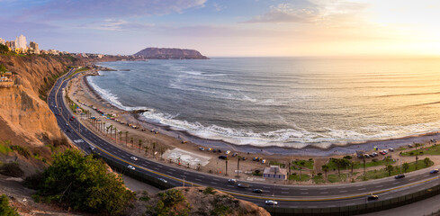 Panoramic landscape of the beach and the highway in Lima, Peru