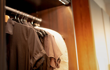 The earth tones shirt hanging in the brown modern wardrobe for the new interior design.