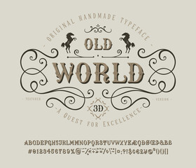 Font Old World. Vintage letter and number