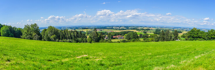 landscape panorama with green grass and blue sky
