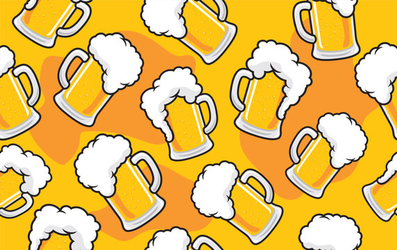 Patterning of draft beer mugs with foam on yellow background. Continuous repeat pattern