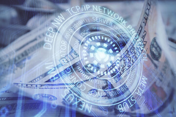 Double exposure of data theme drawing over us dollars bill background. Technology concept.