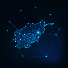 Afghanistan map glowing silhouette outline made of stars lines dots triangles, low polygonal shapes.