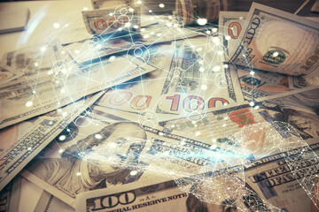 Multi exposure of social network drawing over us dollars bill background. Concept of people connection.