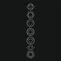 Chakra symbols set on dark background. Different styles, modern simple geometric icons and traditional sanskrit signs.Chakras set: muladhara, swadhisthana, manipura, anahata, vishuddha, ajna, sahasrar