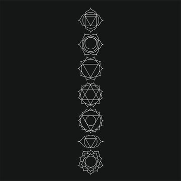 Chakra symbols set on dark background. Different styles, modern simple geometric icons and traditional sanskrit signs.Chakras set: muladhara, swadhisthana, manipura, anahata, vishuddha, ajna, sahasrar