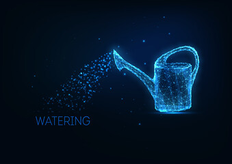 Futuristic glowing low polygonal watering can isolated on dark blue background. © Inna