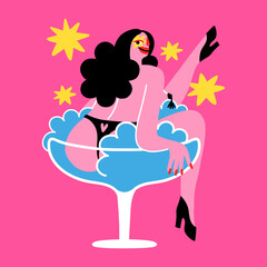 Woman in a cocktail glass. Vector illustration isolated on pink