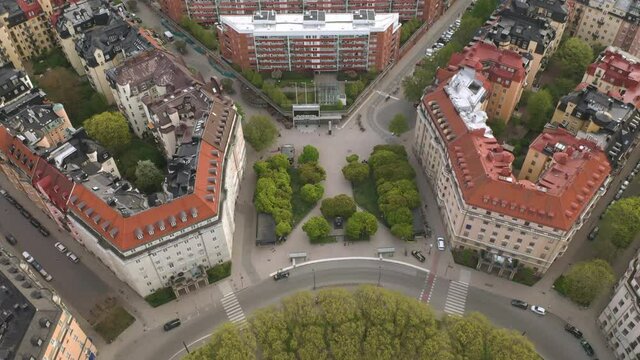 Aerial view of fountain & square in Stockholm urban city environment