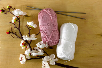 skeins of cotton yarn for knitting on a light wooden background with a sprig of spring white flowers