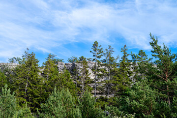 Limestone cliff face under blue cloudy sky