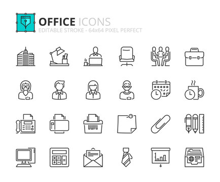 Simple set of outline icons about office. Business concepts