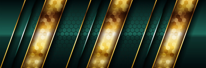 Luxury dark green overlap background with realistic gold line and hexagon on shiny golden