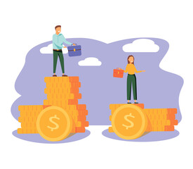 Businessman and businesswoman are standing on stacks of coins representing wages level. Gender gap and inequality in salary. Sexism and discrimination. Vector illustration.