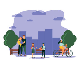  People walking in the park, summertime outdoors. A woman and a man with a child, a girl riding a bike, teenagers playing basketball, city life. Cartoon flat vector illustration.