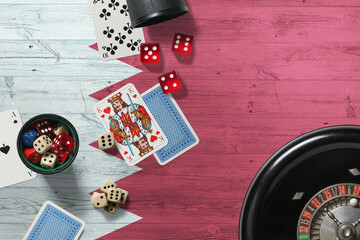 Bahrain casino theme. Aces in poker game, cards and chips on red table with national wooden flag background. Gambling and betting.