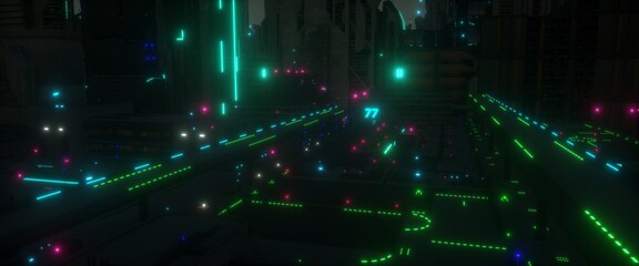 Neon highway in a cybercity. Night scene in a cyberpunk style. Futuristic city. 3D illustration.