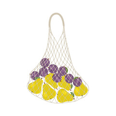Pears and plums in a string bag. Shopping bag with fruits. Food Delivery Concept. Vector illustration on a white background