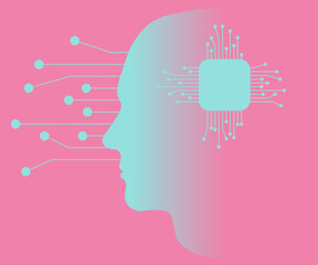 Futuristic abstract concept illustration of gradient head profile silhouette with a AI chip. Artificial Intelligence microchip, head and wires on bluish background. 