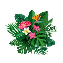 exotic flower and leaves - obrazy, fototapety, plakaty