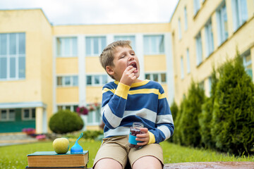 Fototapeta premium Cute schoolboy eating outdoors the school from glass lunch boxe. Food for lunch, lunchboxes with juice, apple and sandwiches, natural fruits.Healthy school breakfast for child.