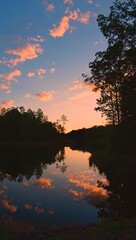 Obraz premium Sunset reflected in lake surrounded by forest with dark pink clouds