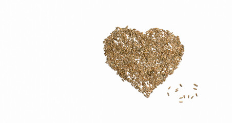 Grains of wheat barley rye oat on white background, natural dry grain in form of big heart in right grains isolated top view. Free space for text Concept photo love of nature Banner for web site