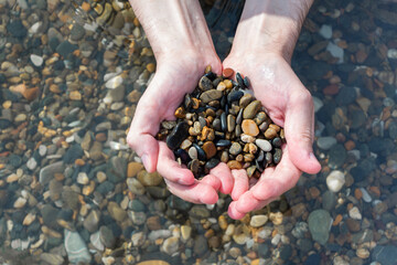 Men's hands hold wet pebbles in the transparent sea water