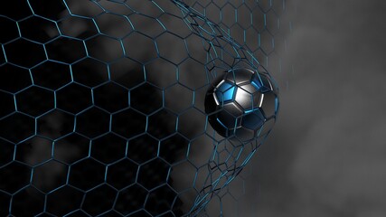 Silver-blue Soccer Ball in the Goal Net under black-white lighting with dark toned foggy smoke background. 3D illustration. 3D CG. High resolution.