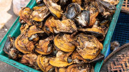selling seafood in Asian markets. Sea crabs and a variety of fish for sale