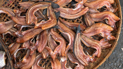 selling seafood in Asian markets. Sea crabs and a variety of fish for sale