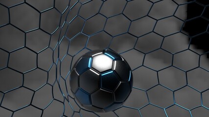 Silver-blue Soccer Ball in the Goal Net under black-white lighting with dark toned foggy smoke background. 3D illustration. 3D CG. High resolution.