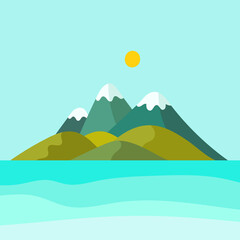 Vector illustration of a silhouette of mountains with snowy peaks against the background of the sun, sky and grass. Hills by the water. Landscape. Mountain landscape. Nature. Flat. digital