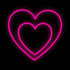 Bright luminous purple festive digital digital neon sign for a store or card beautiful shiny with love hearts on a black background. Vector illustration