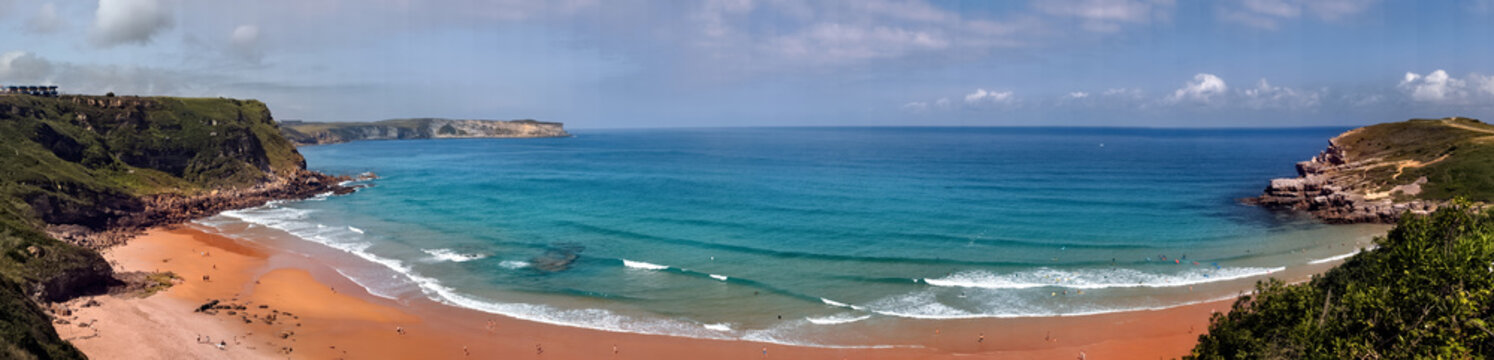 Panoramic image of Los Locos Beach, in the town of Suances, Cantabria, Spain
