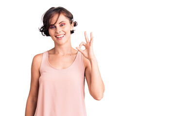 Beautiful young woman with short hair wearing casual style with sleeveless shirt smiling positive doing ok sign with hand and fingers. successful expression.