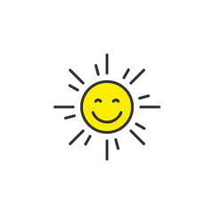 Smiling sun with closed eyes icon vector.